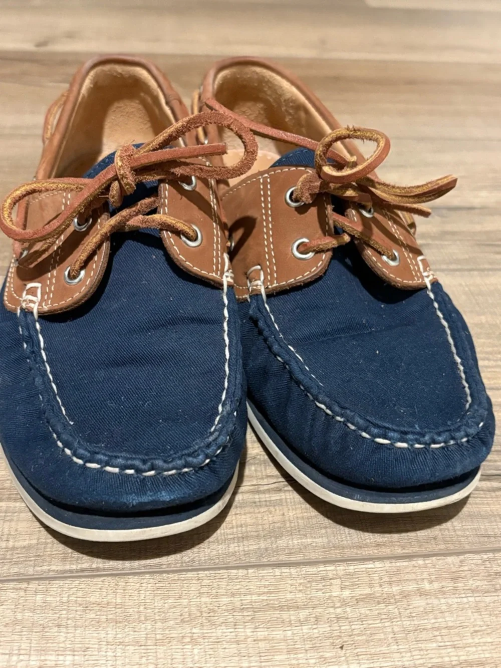 J. Crew AW681 2-Eye Canvas Slip-On Boat Loafer Shoes leather Blue Brown‎ Men's 8